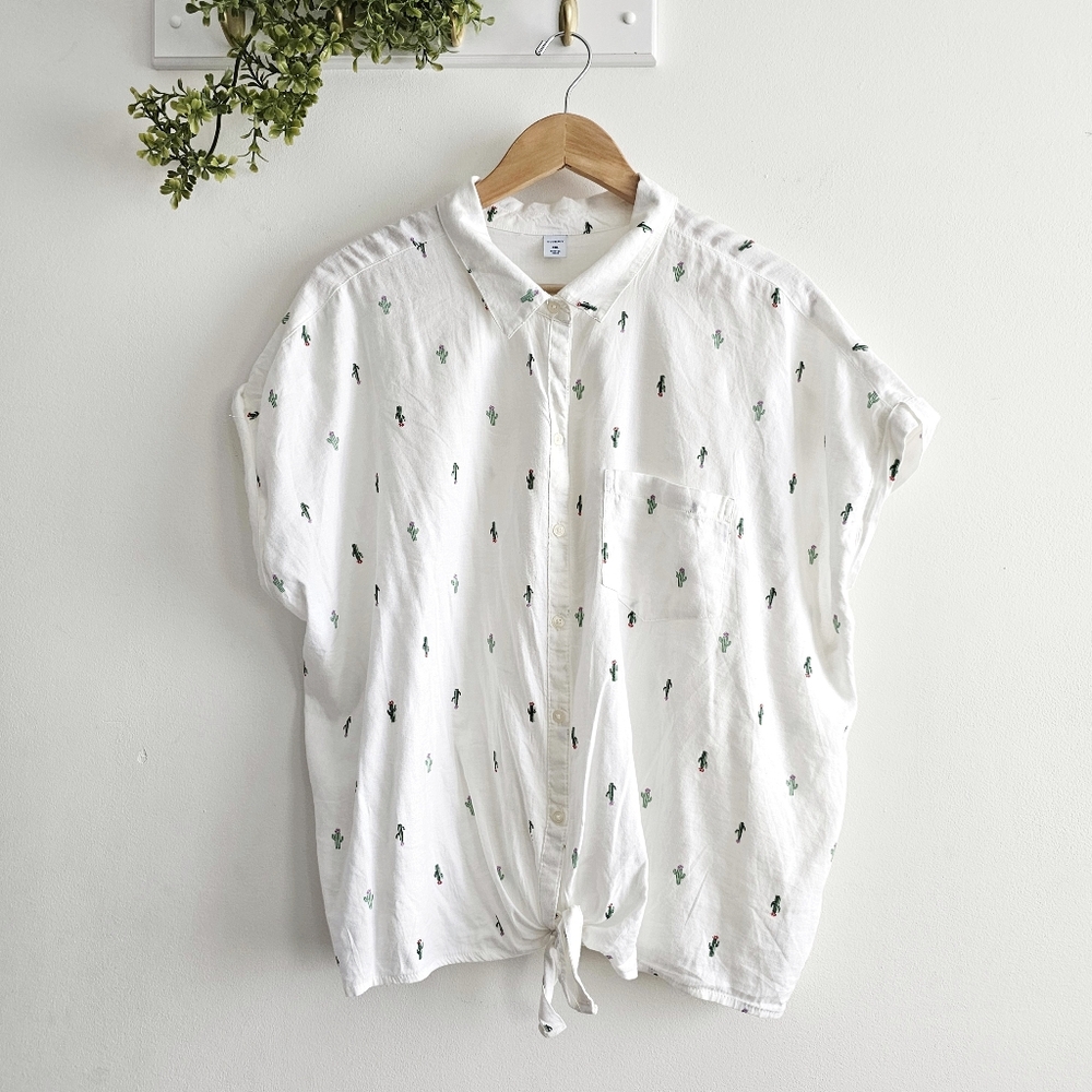 🌵 Old Navy Cactus Print Tie Hem Shirt Womens XXL White Button Front NWT